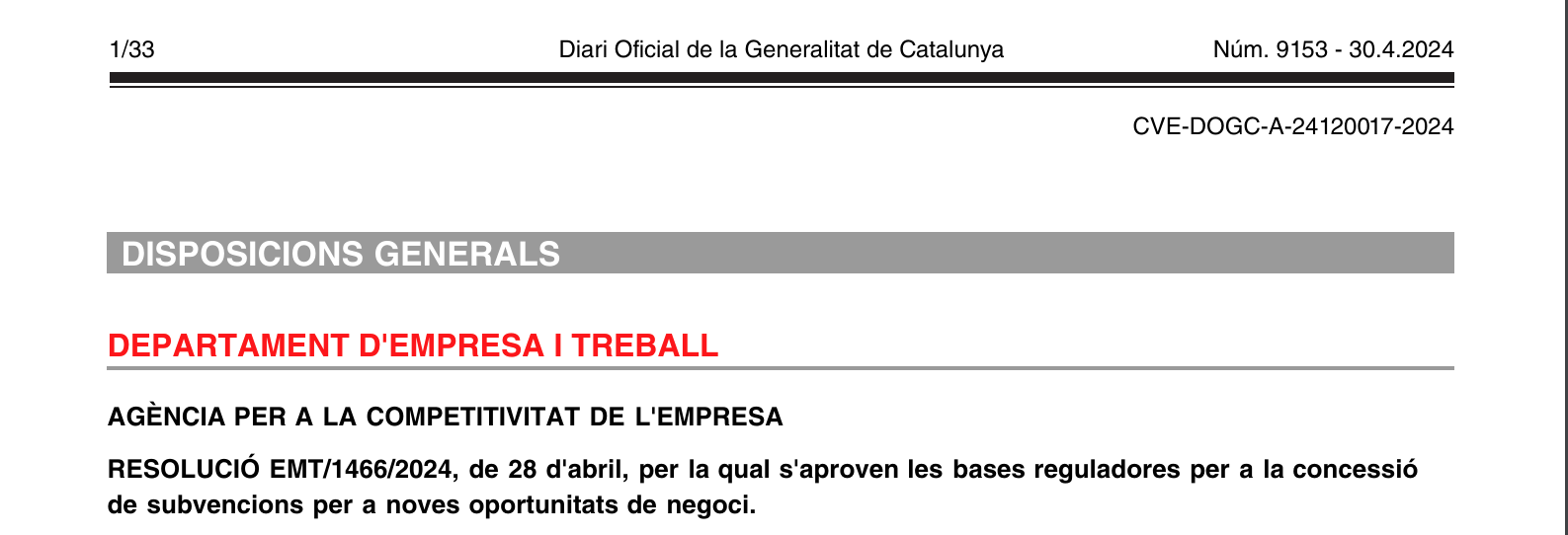 Subvencions per a noves oportunitats de negoci, Resolució EMT/1466/2024, aprovada el 28 d’abril de 2024​​. Especial atenció a les zones de transició nuclear